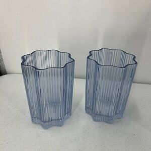 Glass Hause Ribbed Glasses Set of 2 Light Blue 350ml Art Deco Cocktail Tumblers